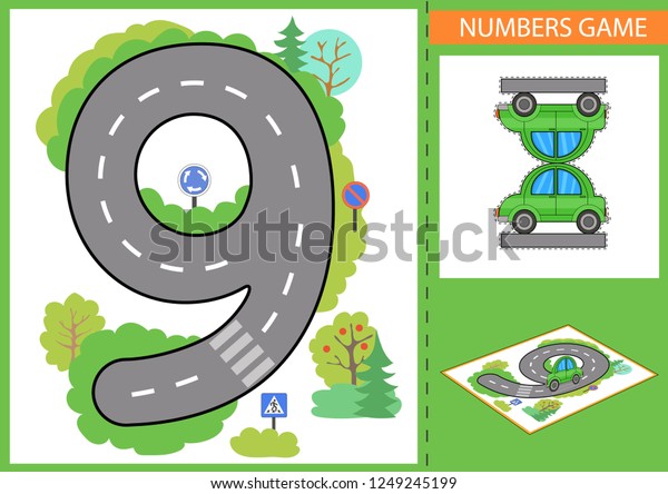 子どもが遊ぶ 数字が学ぶ 番号を書き込む 子供の道と紙のおもちゃの車 子ども用の壁紙 ゲームカーの背景 バースデーパーティーの装飾 ベクターイラスト のベクター画像素材 ロイヤリティフリー