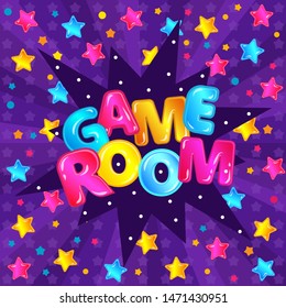Children game room's banner design for kids preschools and playgrounds with rainbow colorful letters and stars, cartoon vector illustration on the purple background.