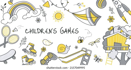 Children games concept for banner design with flat line doodle pattern. Hand drawing texture with treehouse, spaceship, kite, joystick, skate, tennis, racket and ball. Vector illustration for web