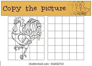 Children games: Copy the picture. Beautiful cute rooster stands and cries.