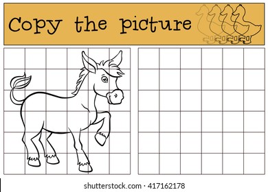 Children games: Copy the picture. Cute little donkey stands and smiles.