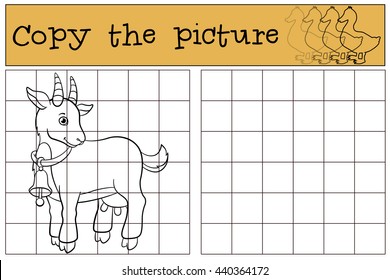 Children games: Copy the picture. Cute goat stands and smiles.