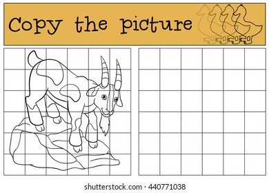 Children games: Copy the picture. Cute goat stands on the rock and smiles.