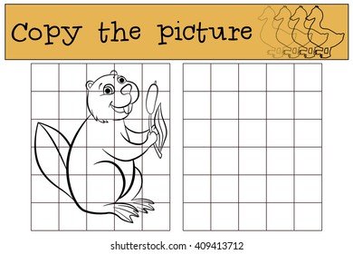 Children games: Copy the picture. Little cute beaver holds a reed in the hands.