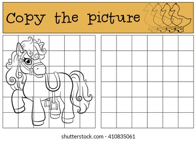 Children games: Copy the picture. Little cute pony stands and smiles.