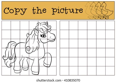 Children games: Copy the picture. Little cute pony stands and smiles.
