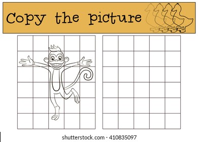 Children games: Copy the picture. Little cute monkey runs and smiles.