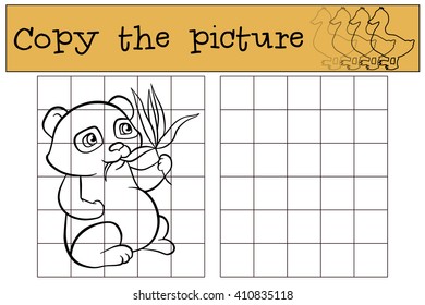 Children games: Copy the picture. Little cute panda eats leaves.