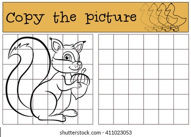 Children games: Copy the picture. Little cute squirrel holds an acorn in the hands.