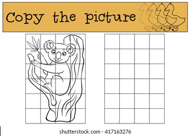 Children games: Copy the picture. Little cute koala sits on the tree and smiles.