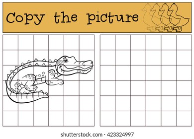 Children games: Copy the picture. Little cute alligator stands and smiles.