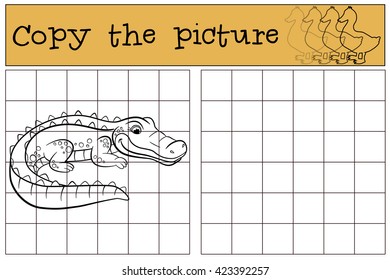 Children games: Copy the picture. Little cute alligator stands and smiles.