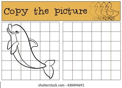 Children games: Copy the picture. Little cute dolphin jumps and smiles.