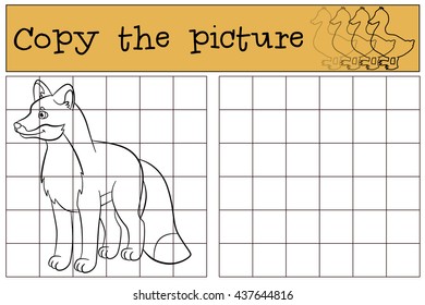 Children games: Copy the picture. Little cute fox stands and smiles.