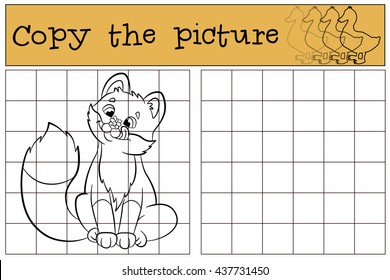 Children games: Copy the picture. Little cute baby fox looks at the fly in his nose and smiles.