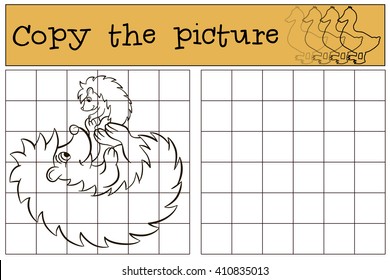 Children games: Copy the picture. Mother hedgehog with her little cute baby hedgehog.