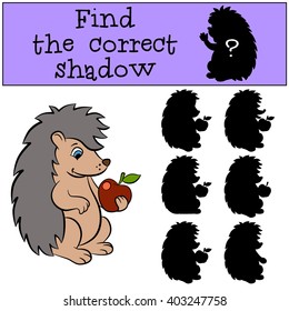 Children games: Find the correct shadow. Little cute hedgehog holds an apple in the hand.
