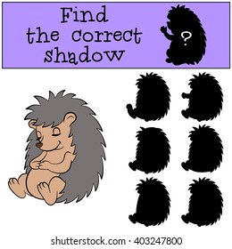 Children games: Find the correct shadow. Little cute hedgehog sleeps and smiles.