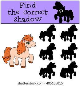 Children games: Find the correct shadow. Little cute pony stands and smiles.