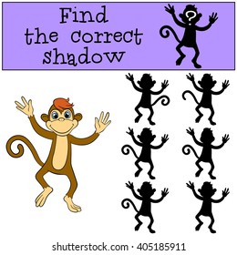 Children games: Find the correct shadow. Little cute monkey runs and smiles.