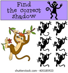 Children games: Find the correct shadow. Little cute monkey hangs on the liana and holds the flower in the leg.