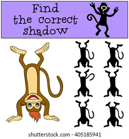 Children games: Find the correct shadow. Little cute monkey stands upside down and smiles.