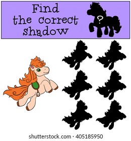Children games: Find the correct shadow. Little cute pony runs and smiles.