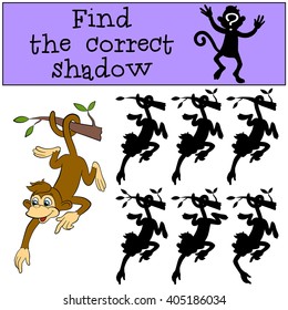 Children games: Find the correct shadow. Little cute monkey hangs on the tree.
