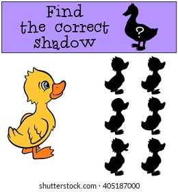 Children games: Find the correct shadow. Little cute duckling smiles.