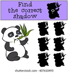 Children games: Find the correct shadow. Little cute panda sits and eats leaves.