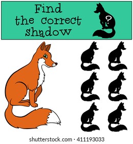 Children games: Find the correct shadow. Cute fox sits and smiles.