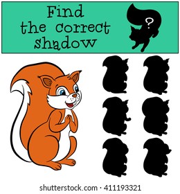 Children games: Find the correct shadow. Cute little squirrel stands and smiles.