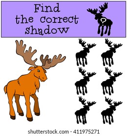 Children games: Find the correct shadow. Cute kind elk stands and smiles.