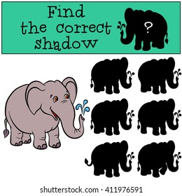 Children games: Find the correct shadow. Cute elephant stands and smiles.