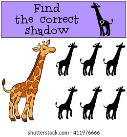 Children games: Find the correct shadow. Cute giraffe stands and smiles.