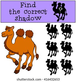 Children games: Find the correct shadow. Cute camel stands and smiles.