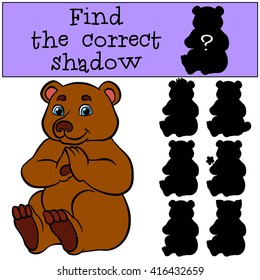 Children games: Find the correct shadow. Cute little bear sits and smiles.