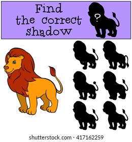 Children games: Find the correct shadow. Cute beautiful lion stands and smiles.