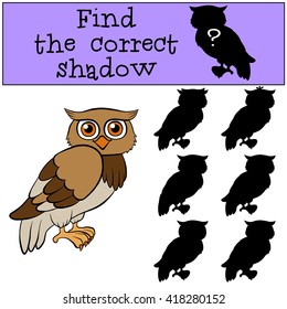 Children games: Find the correct shadow. Little cute owl.