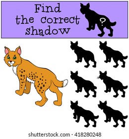 Children games: Find the correct shadow. Cute beautiful lynx stands and smiles.