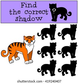 Children games: Find the correct shadow. Little cute tiger smiles.