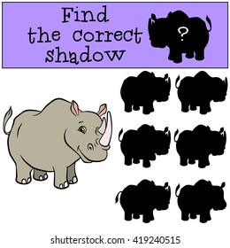Children games: Find the correct shadow. Cute rhinoceros smiles.