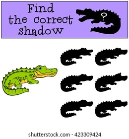 Children games: Find the correct shadow. Cute little alligator stands and smiles.