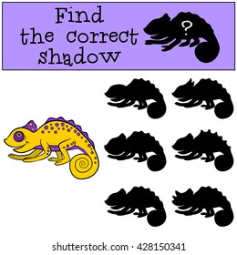 Children games: Find the correct shadow. Little cute yellow chameleon smiles.