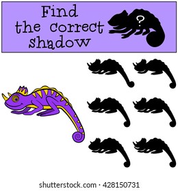 Children games: Find the correct shadow. Little cute chameleon smiles.