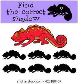 Children games: Find the correct shadow. Little cute red chameleon smiles.