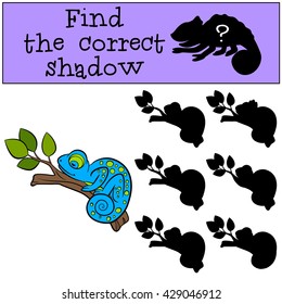 Children games: Find the correct shadow. Little cute blue chameleon sleeps on the tree branch.