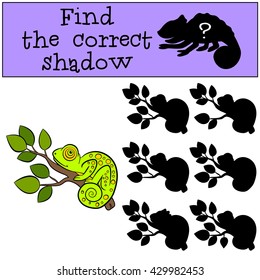 Children games: Find the correct shadow. Little cute green chameleon sits on the tree branch and smiles.