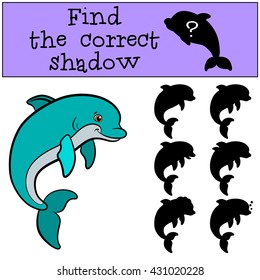 Children games: Find the correct shadow. Cute little dolphin jumps and smiles.