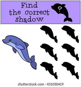 Children games: Find the correct shadow. Cute little dolphin jumps and smiles.